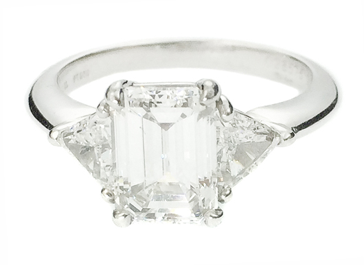 Tiffany & Co. platinum and diamond ring, stamped and numbered, centered by an emerald-cut diamond weighing 2.05 carats. Estimate: $25,000-$35,000. A.B. Levy’s image.